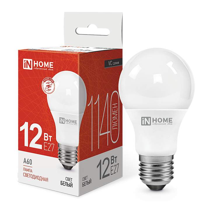 Заказать он-лайн Лампа светодиодная LED-A60-VC 12Вт, 230В, Е27, 4000К, 1140Лм IN HOME в интернет-магазине Строительный дом на Приморской 27 в Хабаровске с доставкой.