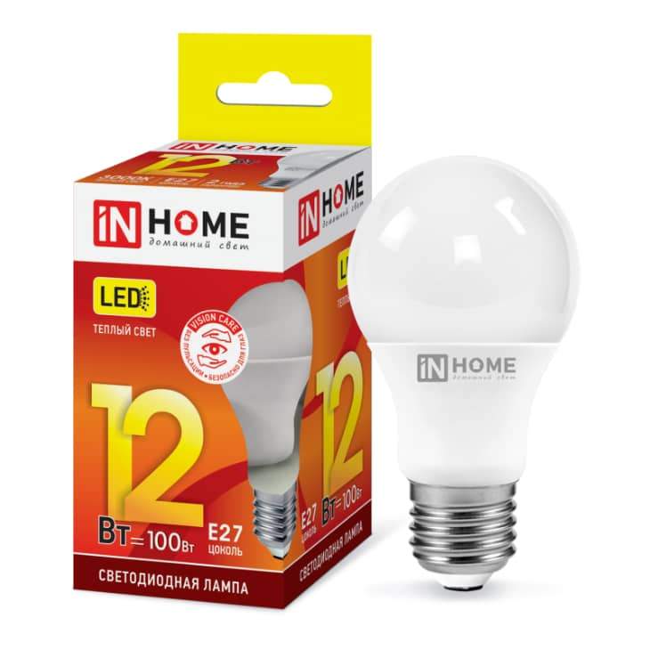 Заказать он-лайн Лампа светодиодная LED-A60-VC 12Вт, 230В, Е27, 3000К, 1080Лм IN HOME в интернет-магазине Строительный дом на Приморской 27 в Хабаровске с доставкой.